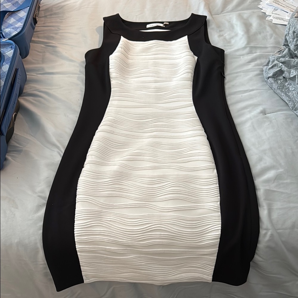 Calvin Klein Black and White Ribbed Ruched Midi Dress